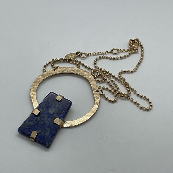 Lapis lazuli chunk modernist pendant in gold tone ball chain blue necklace - Picture 9 of 11